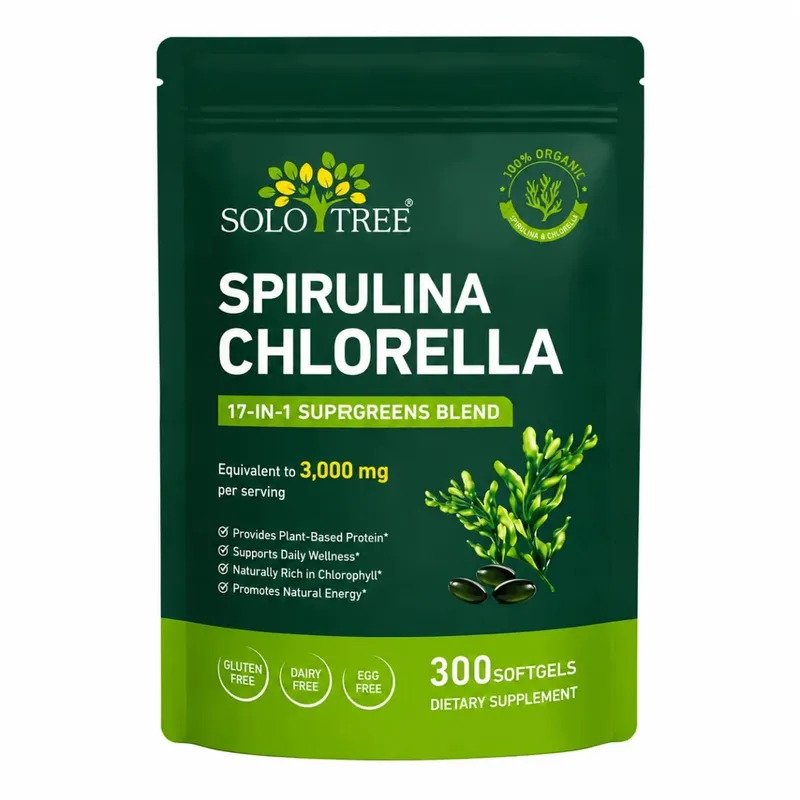 Solo Tree Spirulina Chlorella Softgels dengan Mikroalga Organik Vitamin B6 B12 Keseimbangan Pencernaan & Dukungan Kekebalan Tubuh 300 Softgels