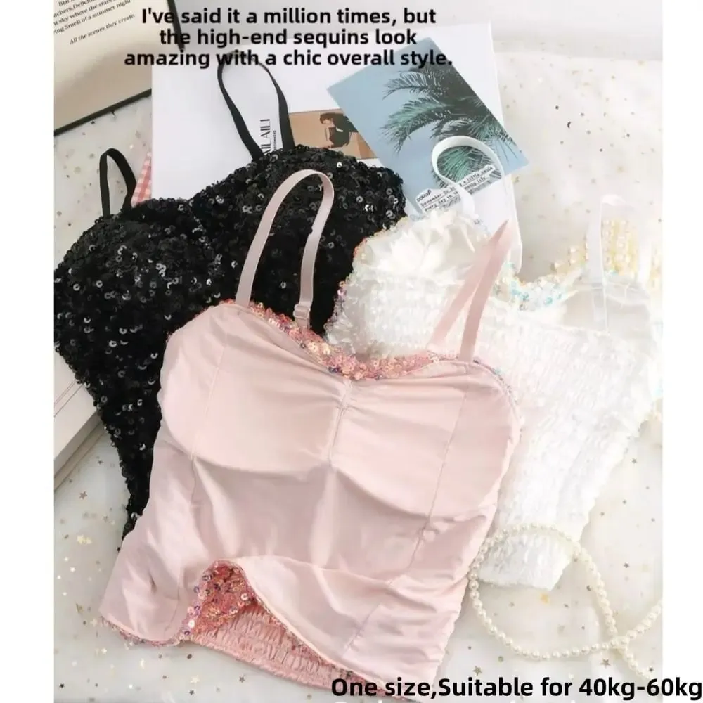 Camiseta sin mangas de una pieza con lentejuelas brillantes, chaleco envolvente fijo en el pecho, chaleco sin espalda de alta elasticidad, ropa interior, chaleco de capa Base corta, Top de verano — image 5