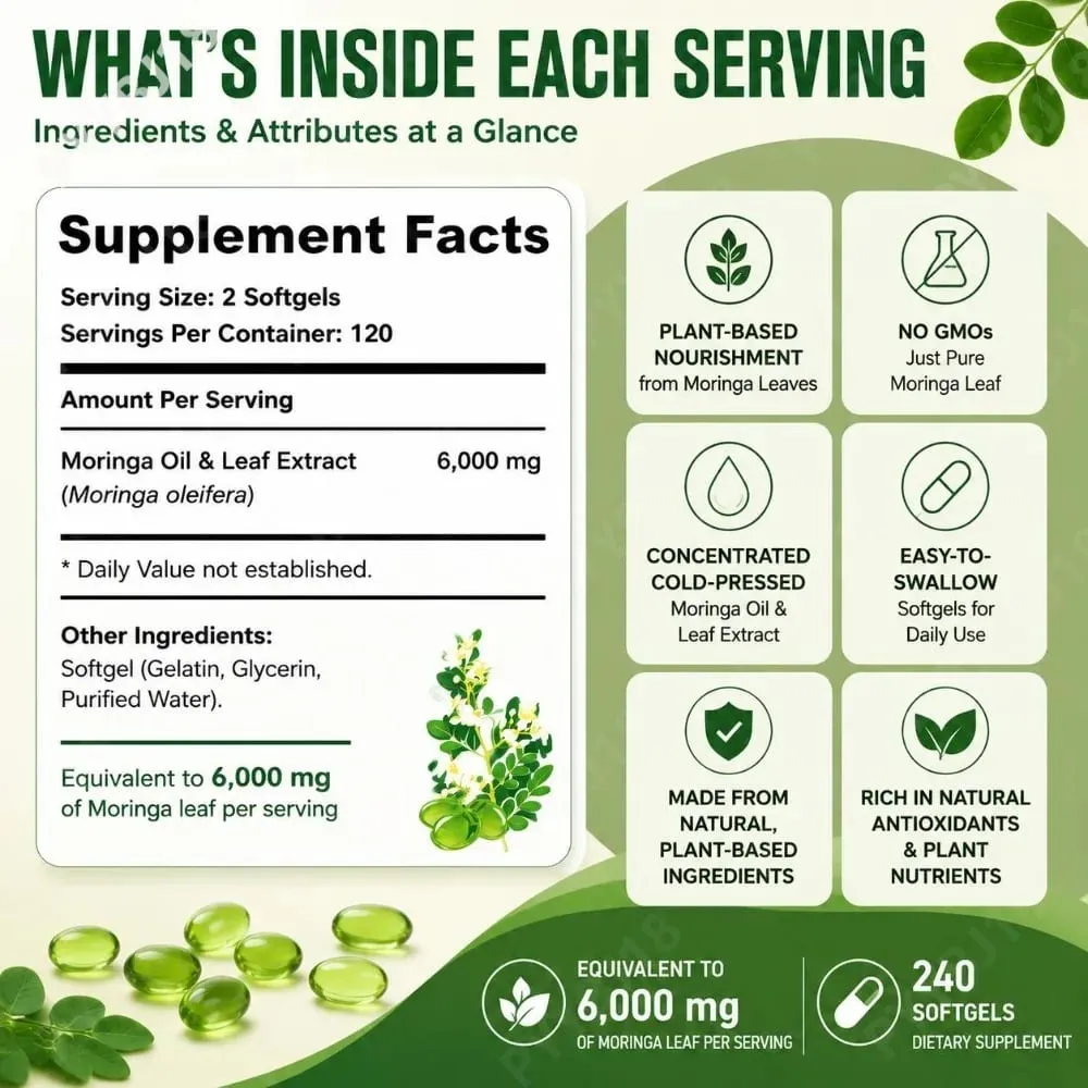 Moringa Leaf Softgels 6000 mg equivalent per portie voor dagelijkse ontspanning Natuurlijke energie Vitaliteit en comfortondersteuning 240 softgels — image 4