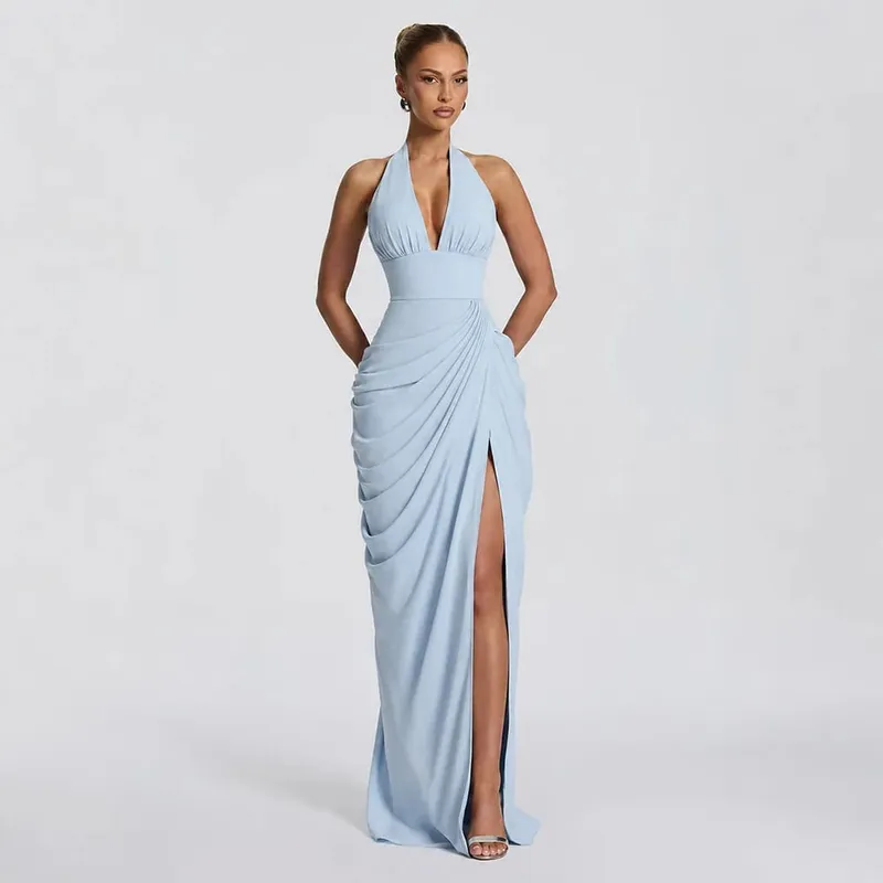 Abito lungo da donna sexy con scollo all'americana, elegante scollo a V profondo senza maniche, abiti a fessura alta, abiti da sera, moda femminile — image 1