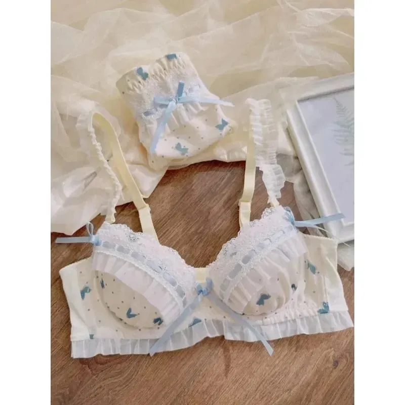 Nippon's Pure Desire Set di reggiseno a coppa sottile stile principessa carino Stampa reggiseno con fiocco carino Biancheria intima di pizzo confortevole Biancheria intima gotica — image 2