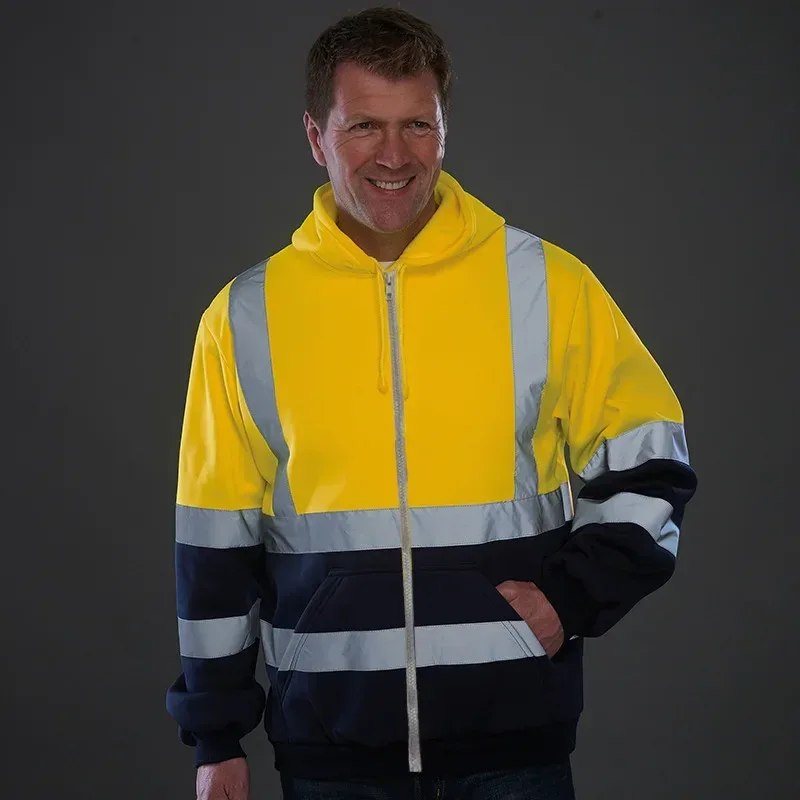 Sudaderas con capucha reflectantes de seguridad para el trabajo para hombre, chaqueta holgada con cordón y cremallera, Jersey fino de lana con capucha, abrigo, sudadera de trabajo informal — image 2