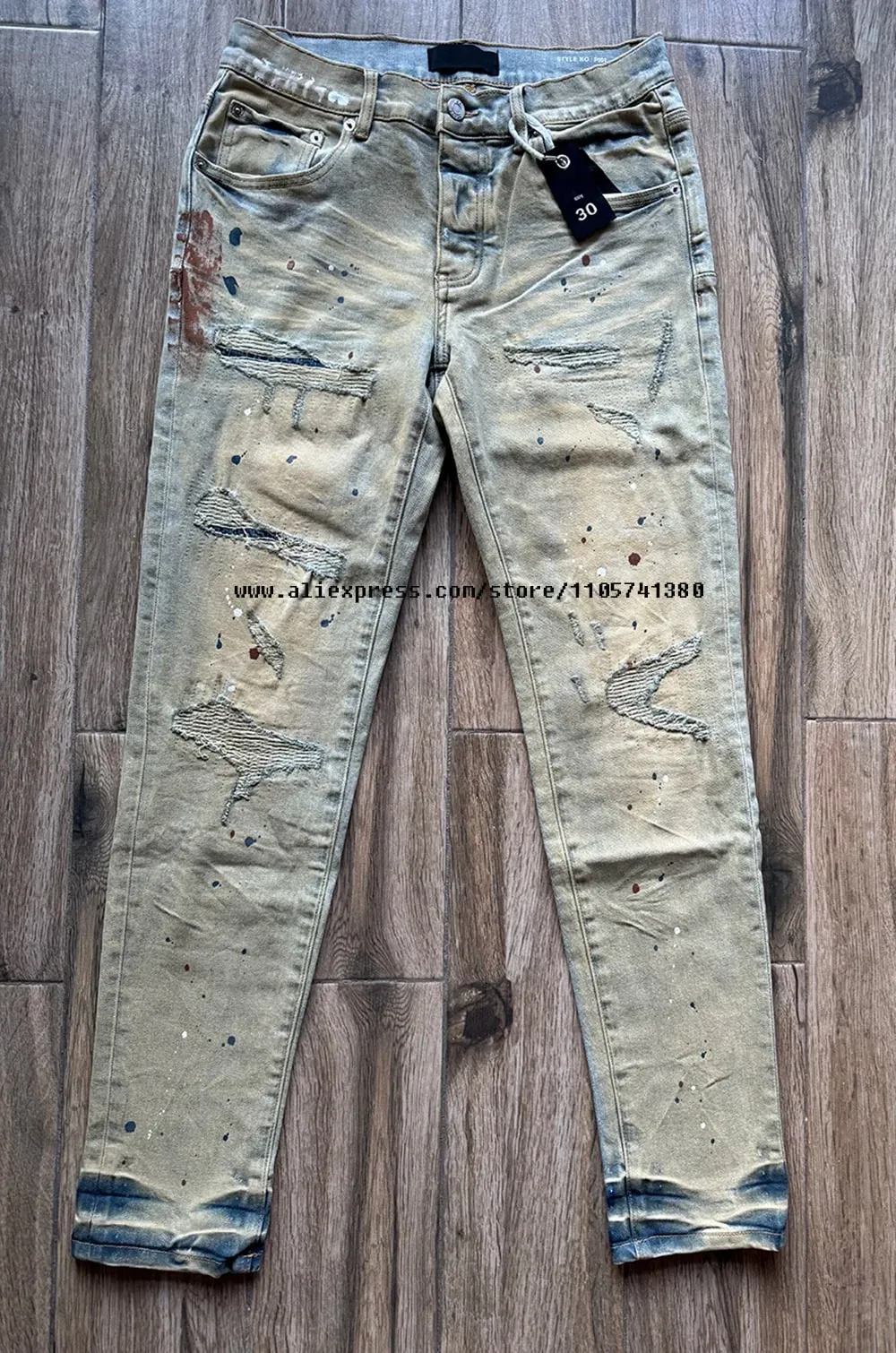 Pantalon en jean déchiré pour hommes, délavé, bleu clair, graffiti, trous endommagés, extensible, slim, bouton, braguette