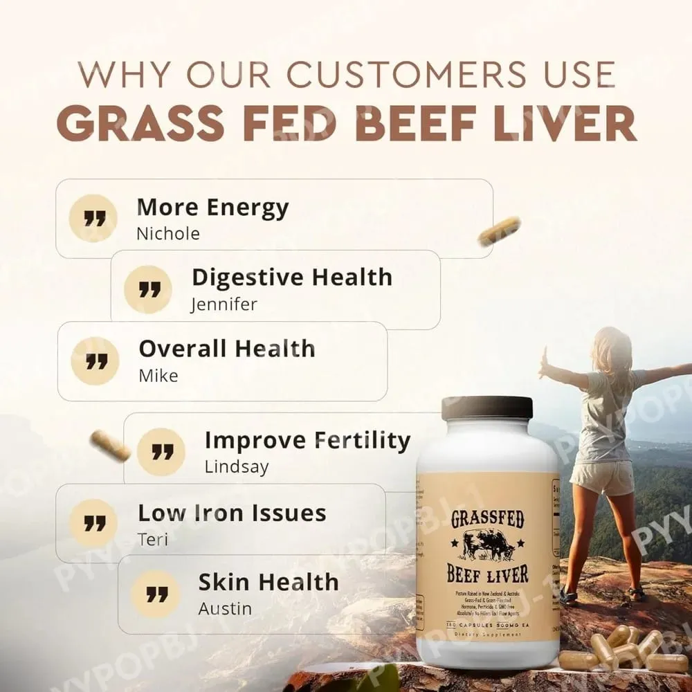 แคปซูลตับเนื้อ Grassfed 500 มก. แต่ละทุ่งหญ้าเลี้ยงสัตว์เสริมตับวัวไม่ใช่จีเอ็มโอ 180 แคปซูล — image 6