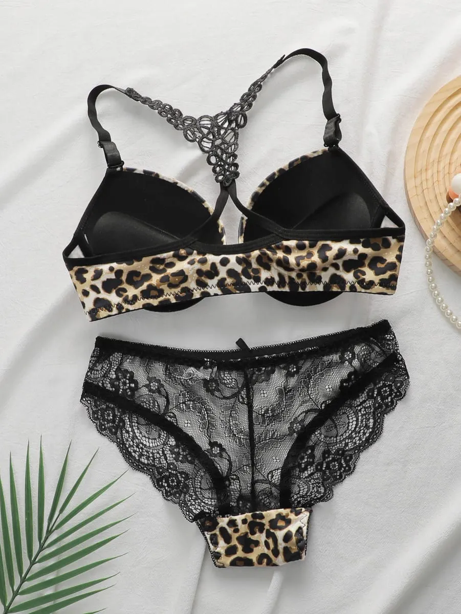 เสือดาวพิมพ์ปิดด้านหน้า Bra ชุด Underwire Push Up ชุดชั้นในชุดผู้หญิงเซ็กซี่ Bralette ลูกไม้และกางเกง 2 ชิ้นชุด — image 2