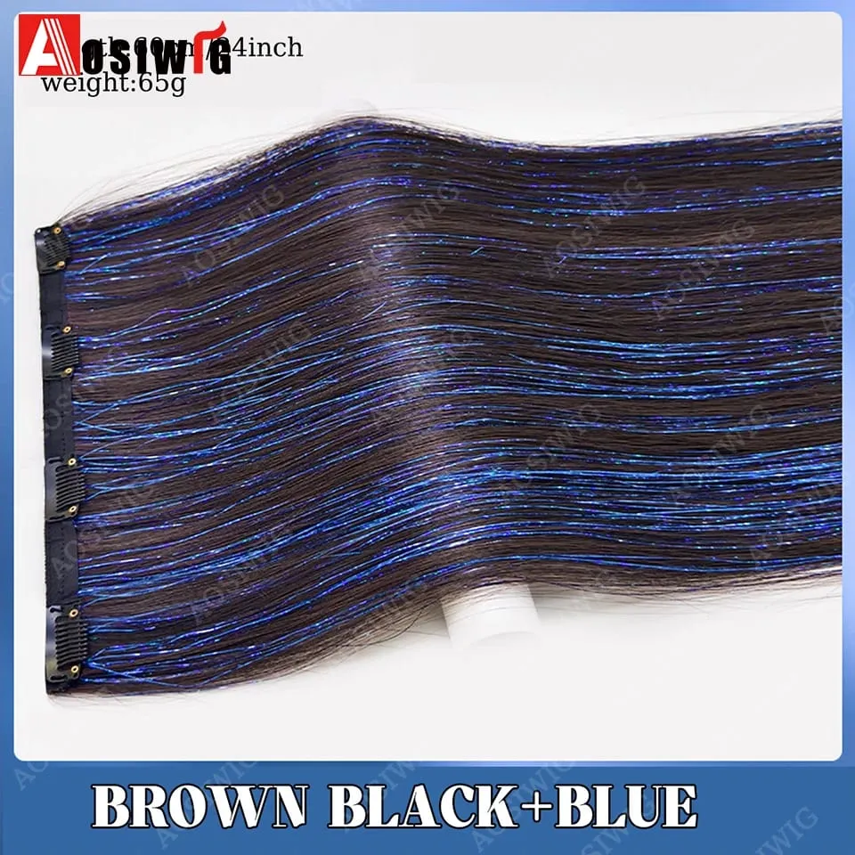 Blaue Glitzer-Lametta-Clip-in-Haarverlängerungen, einteiliges, glattes synthetisches Haarteil mit glitzernden Strähnen für Frauen, Partys und den Alltag — image 10