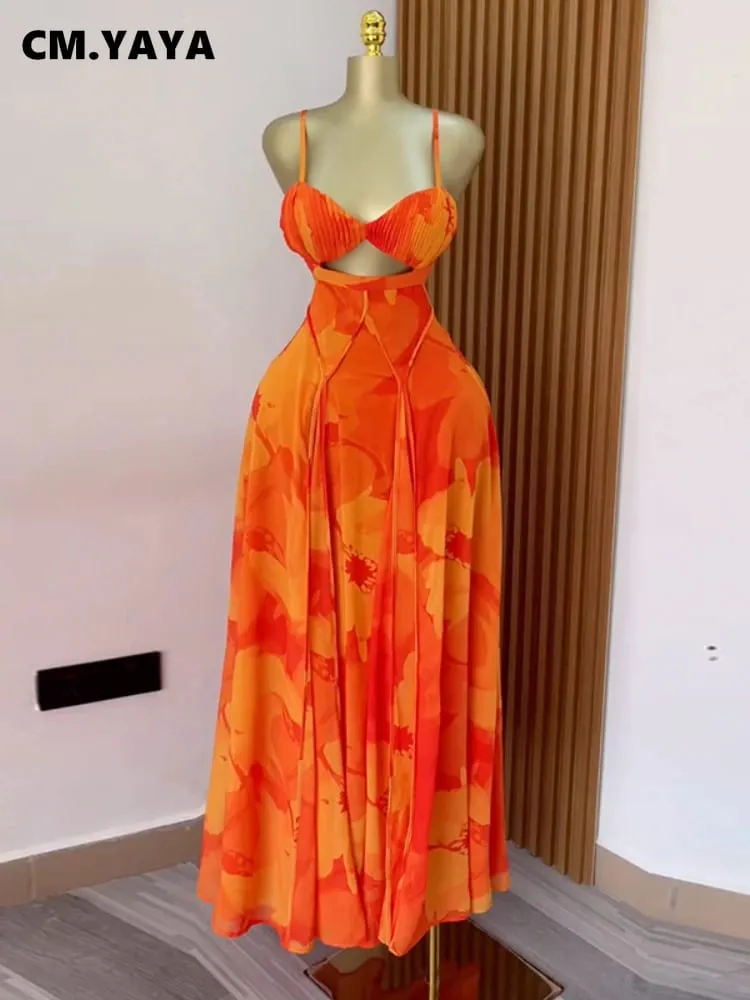 CM.YAYA Donne Stampato Floreale Cinghia Backless Reggiseno Anteriore Grande Altalena Maxi Abito Lungo 2025 Vintage Sexy Club Abiti Da Sera Del Partito — image 1