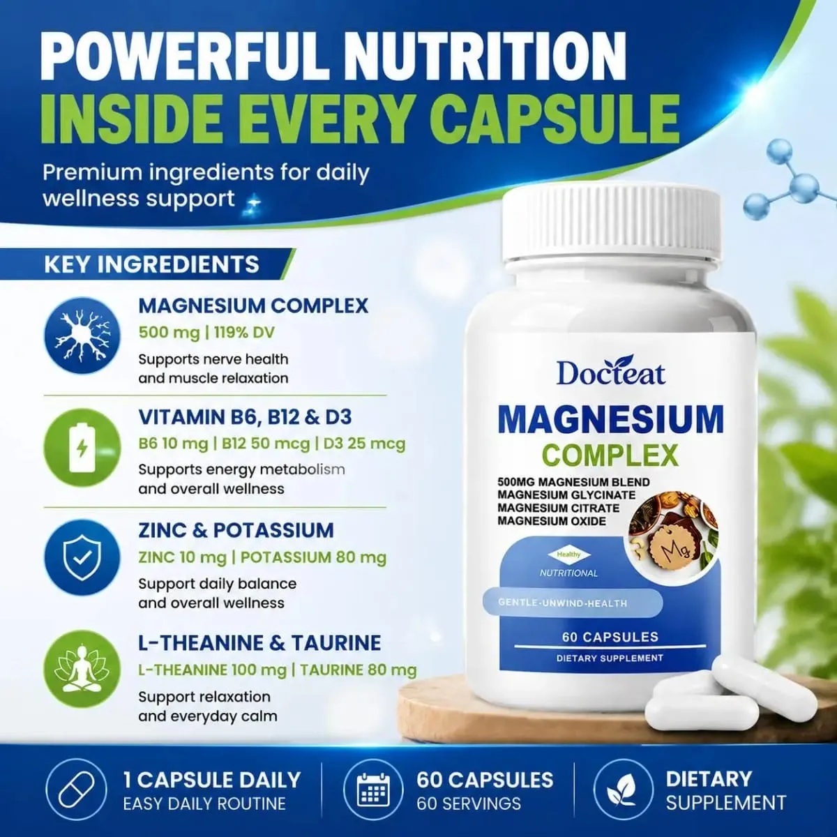 Docteat Magnesium Complex Capsules 500mg L-Theanine Taurine Supports Nerve Health Energy Metabolism Muscle Relaxation 60 Caps — image 5