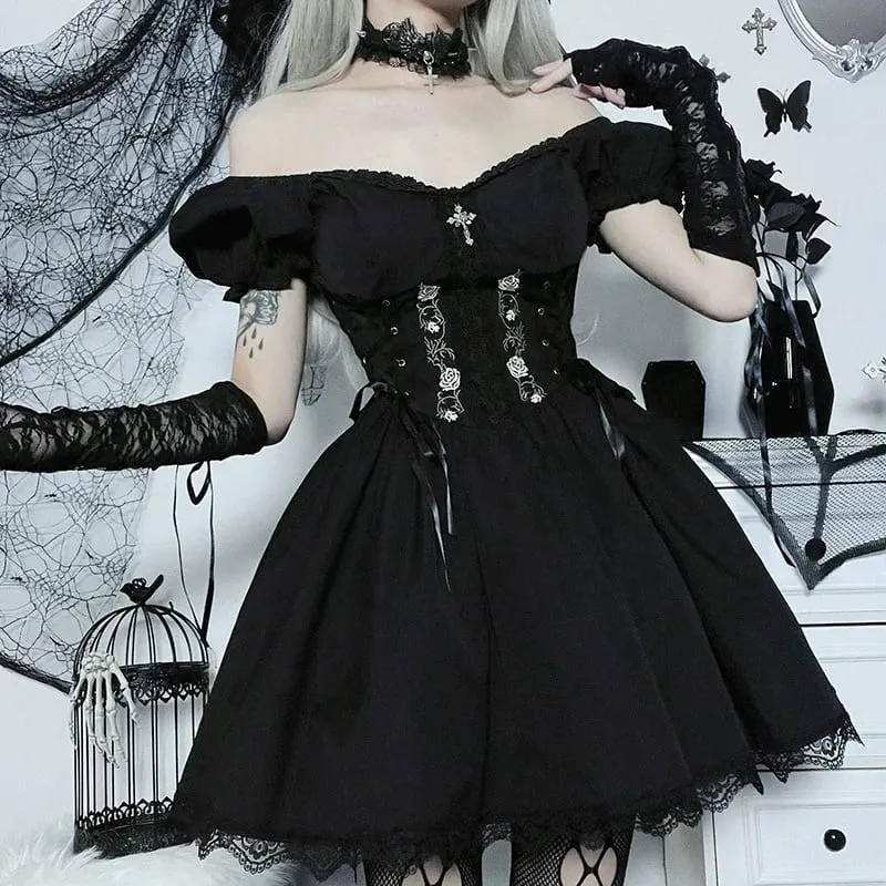 Mall Gothic Emo Jacquard A-Line Goth Elegant Grunge Ruched BANDAGE Partywear Punk ผู้หญิงสีดำฮาโลวีนชุดคลับ — image 9
