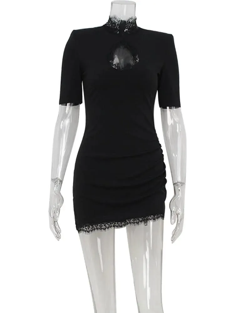 Scava fuori aderente guaina collo alto patchwork di pizzo abiti da donna abiti a mezza manica abiti sexy moda femminile da club — image 6