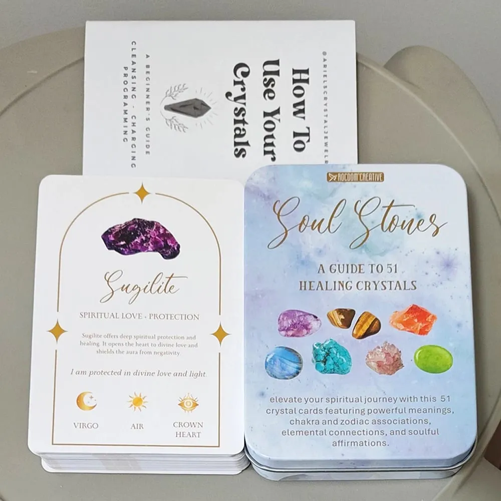 Soul Stones คริสตัล Oracle Deck,51 Healing ยืนยันการ์ดดีบุกกล่องคู่มือ 11.5*8 ซม.chakra Zodiac องค์ประกอบการ์ด