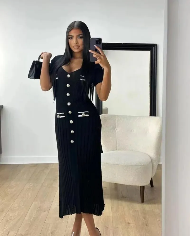Elegante Gestrickte Maxi Kleider Bodycon Kurzarm Rüschen Einreiher 2025 Neue Kleid Casual Communte Streetwear Vestidos — image 1
