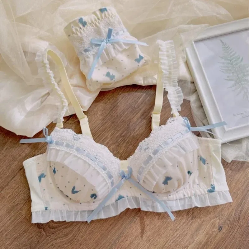 Nippon's Pure Desire Set di reggiseno a coppa sottile stile principessa carino Stampa reggiseno con fiocco carino Biancheria intima di pizzo confortevole Biancheria intima gotica — image 8