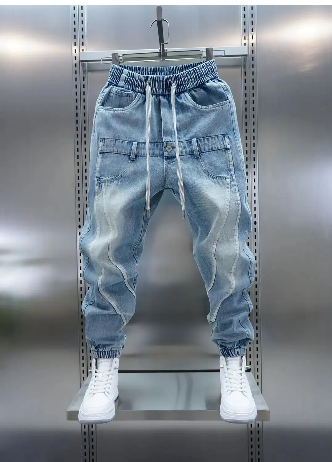 2026 Light Blue Gradient Harem Jeans Outdoor Casual Loose Fit Long Trousers Brand Men's Clothing — image 6