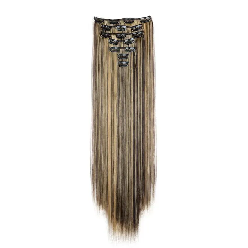 Coiffure longue droite 16 Clips 7 pièces/ensemble Extensions de cheveux postiches synthétiques blondes noires naturelles résistantes à la chaleur pour les femmes Kp — image 14