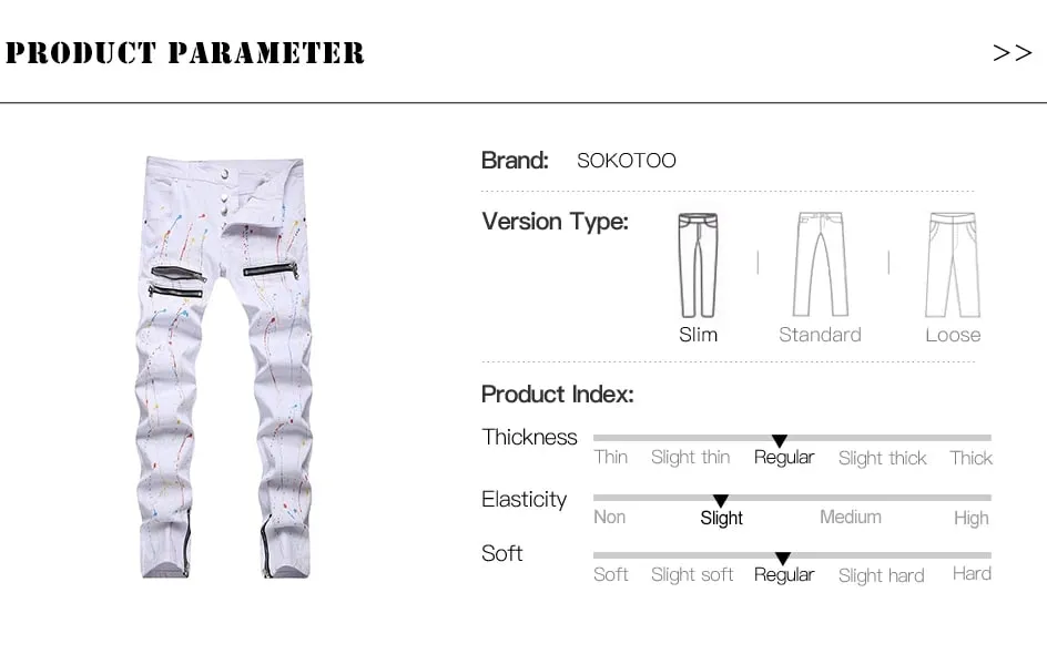 ผู้ชายทาสียืดกางเกงยีนส์ซิปปุ่ม Fly BIKER กางเกง Streetwear สีขาวกางเกงเรียวบาง — image 7
