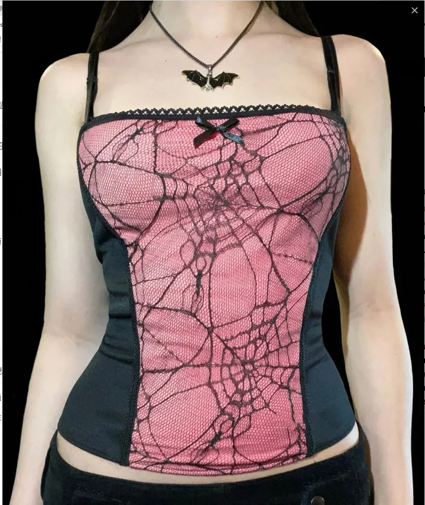 Camisola gótica Punk para chica con diseño de tela de araña, retales de encaje, Sexy, sin mangas, con cuello cuadrado, camiseta sin mangas ajustada, parte de arriba, ropa informal, Top corto