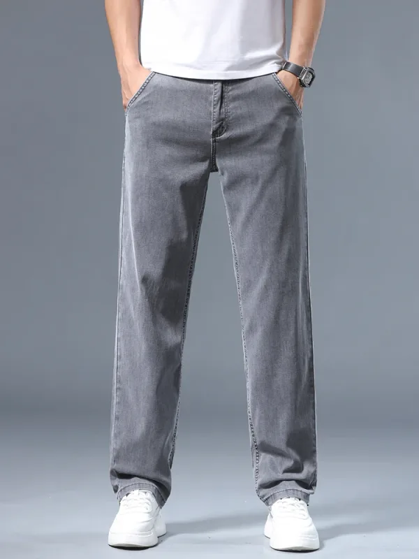 Jeans dritti larghi da uomo sottili estivi Pantaloni casual da lavoro in Lyocell morbido drappeggio Pantaloni di seta grigio fumo Plus Size 40 42