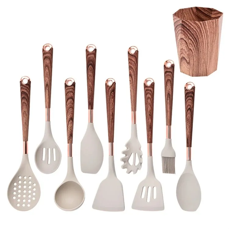 Set Perkakas Dapur Silikon 10 Keping Perkakas Memasak dengan Pemegang Perkakas Pemegang Corak Kayu Alat Memasak Nonstick JT264 — image 7