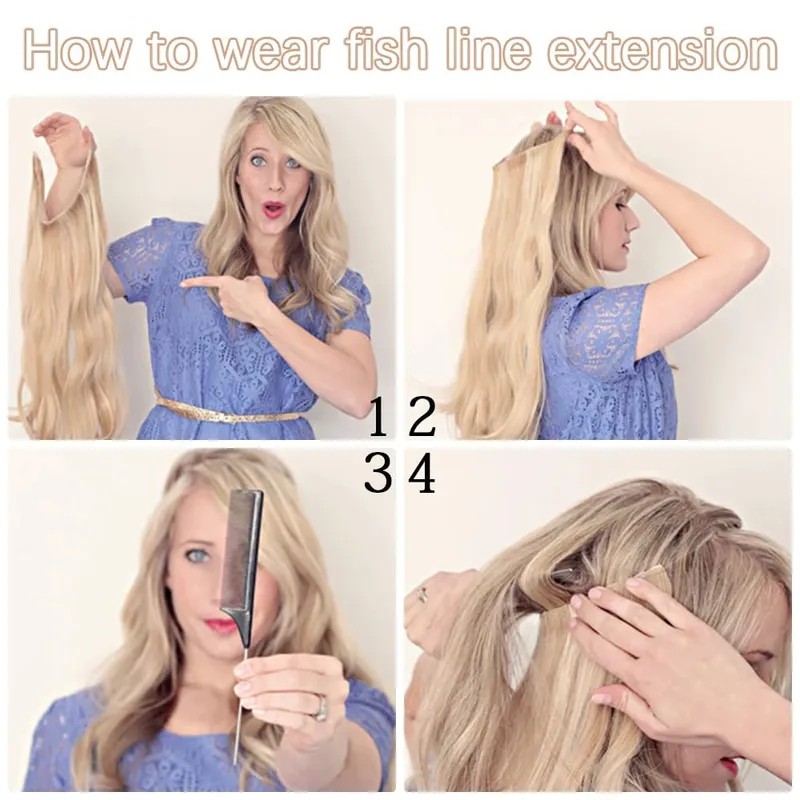 Estensioni dei capelli sintetiche senza clip regolabili con linea di pesce, parrucchino naturale biondo marrone ondulato lungo resistente al calore per le donne — image 5