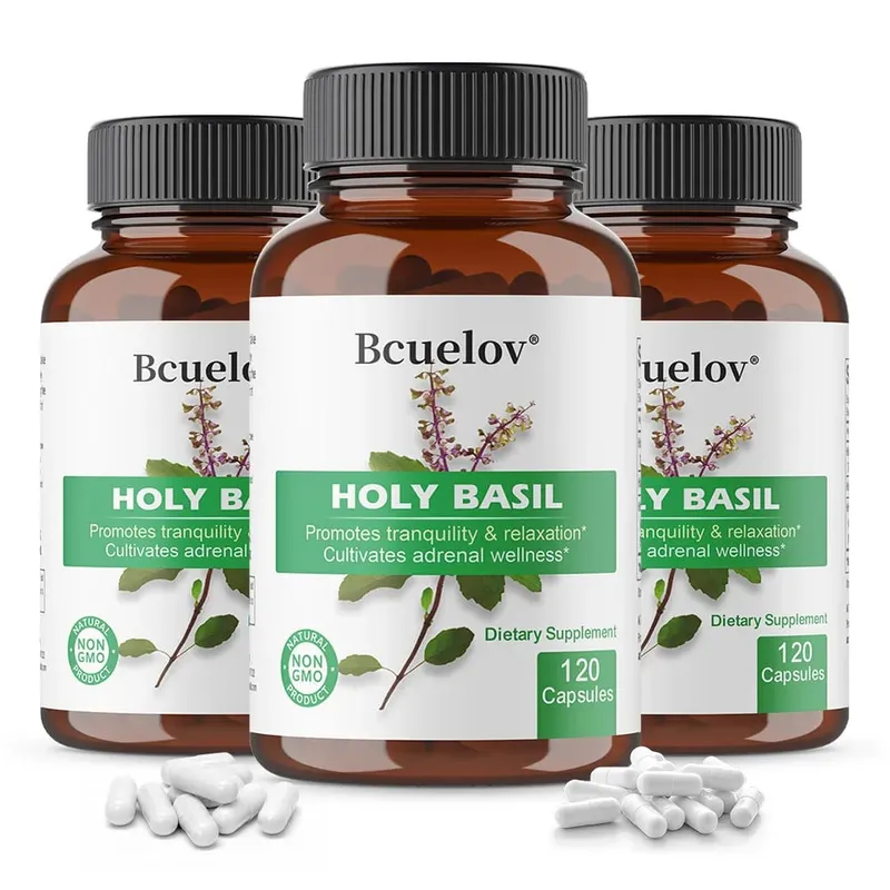 Holy Basil Tulsi Extract Capsules สนับสนุนต่อมหมวกไตภูมิคุ้มกันระบบทางเดินหายใจ & Daily Calm Wellness ความเครียดและความวิตกกังวลบรรเทา