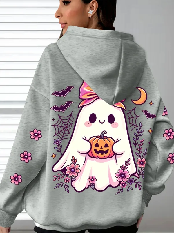 Women's Hooded Cute Ghost Hugging Pumpkin Halloween Theme Printed Hoodie Casual Long Sleeve Pocket Halloween Hoodies