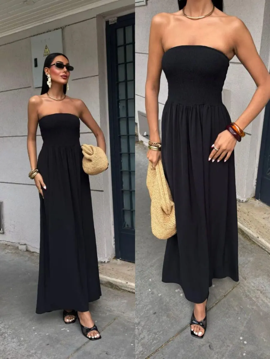 Robe longue sans bretelles, couleur unie, épaules dénudées, cintrée à la taille, pour femmes, nouvelle mode d'été 2026 — image 5