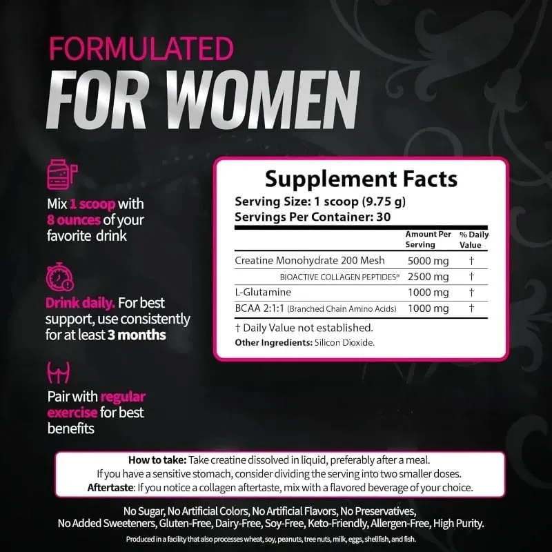 Creatine Powder for Women Booty Builder with Collagen Peptides BCAA L-Glutamine Unflavored Post-Workout Recovery Elasticity — image 7