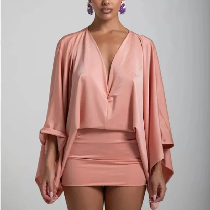 Yeni Sonbahar Şık Derin V Yaka Boho Elbise Retro Katı Eklenmiş Parlama Kollu Balo Elbise Bahar Kadın Kulübü Zarif Slim Fit Mini Elbise — image 6