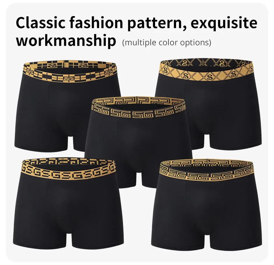 Ensemble de 5 pièces de sous-vêtements noirs classiques à taille élastique pour hommes, séchage rapide, confortables, sportifs, tendance pour jeunes, pantalons à coins plats — image 6