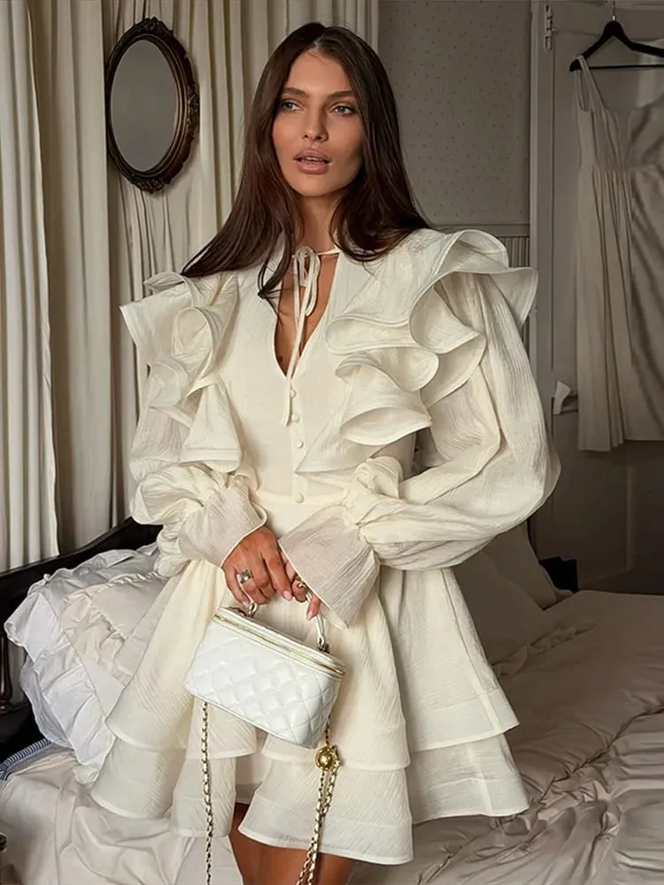 Solid flæse-minikjole U-hals Lange pufærmer Slips-hals Tiered Hem Sweet Style Kjole Bløde Pastelfarver Mode Chic Kvinder Outfit — image 1
