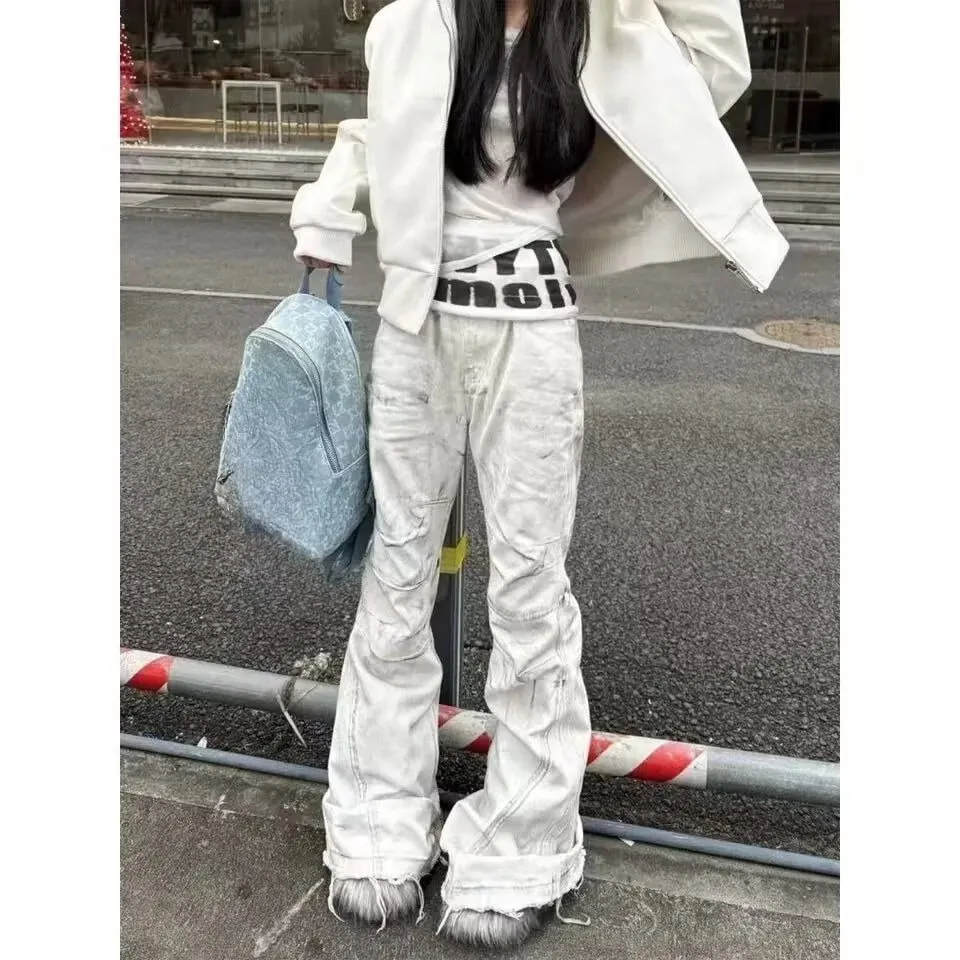 Jean évasé rétro américain Y2K pour femmes, pantalon en Denim blanc délavé, Patchwork, Vintage Hrajuku Punk, taille haute, Slim, Streetwear
