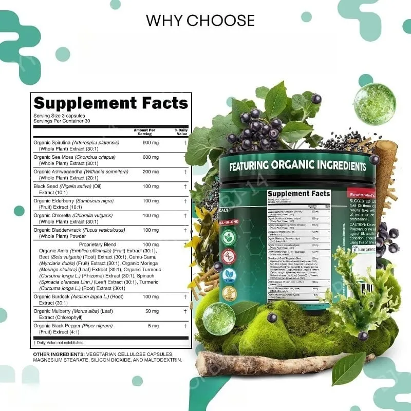 Organic Lymphatic Drainage Supplements with Elderberry Burdock Root Chlorella & Ashwagandha 90 Count Daily Wellness — image 2