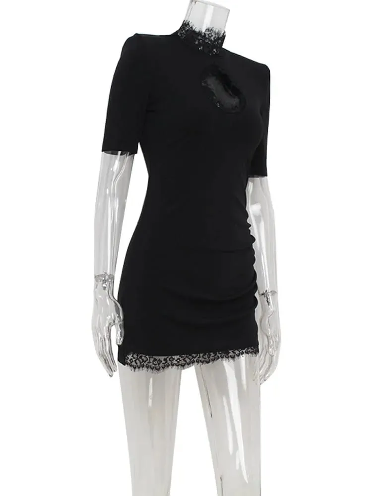 Scava fuori aderente guaina collo alto patchwork di pizzo abiti da donna abiti a mezza manica abiti sexy moda femminile da club — image 7