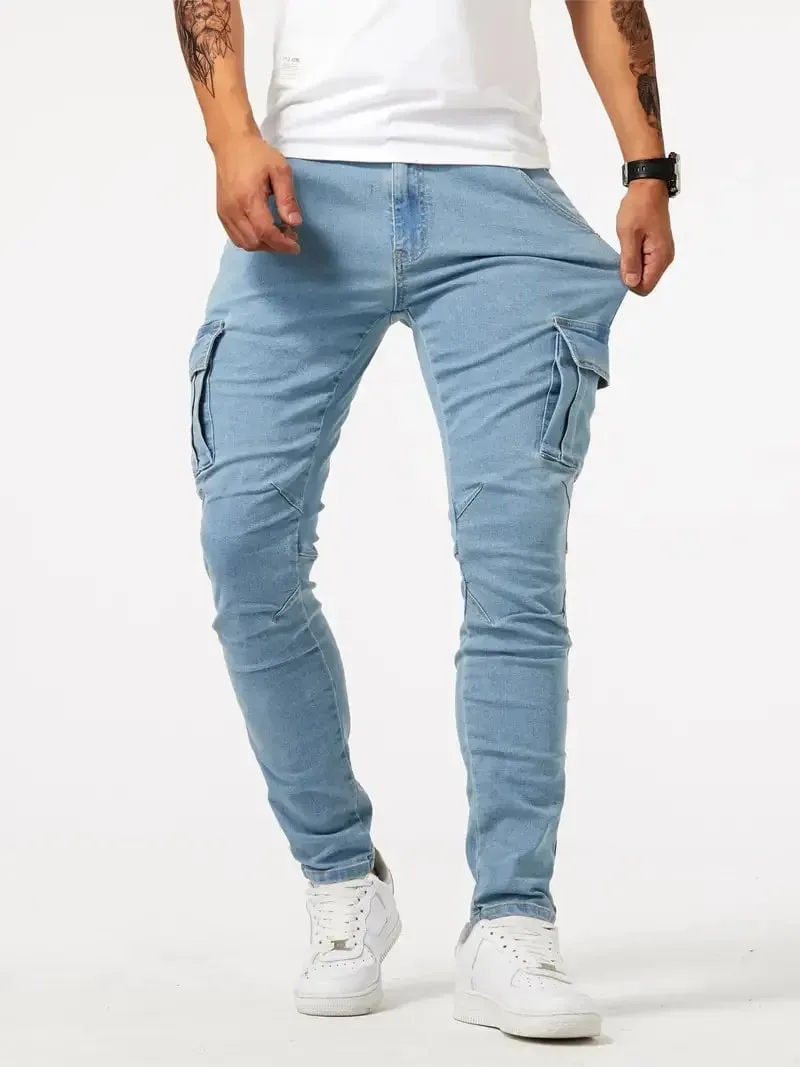Panlalaking street stretch denim jeans wasshed solid color multi pocket work pants casual slim fit daily wear jogging pants mid wa — image 1