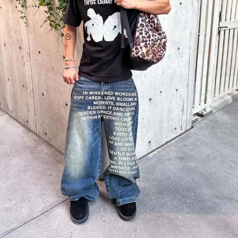 American Retro Patterned Alphabet Men Jeans Personalized Street Clothing Y2K Goth Men and Women Fashion Casual Pants — image 5