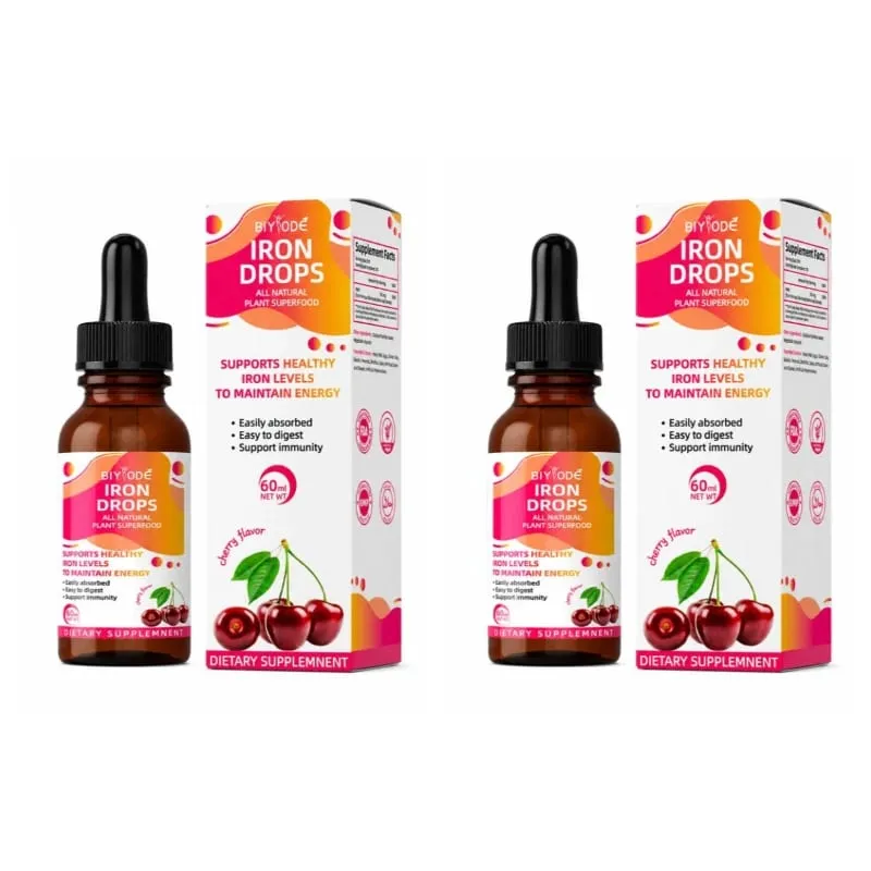 Supplément liquide Iron Drops 18 Mg (100% DV) Ferrochel Bisglycinate ferreux chélate Absorption facile Saveur cerise 60 ml