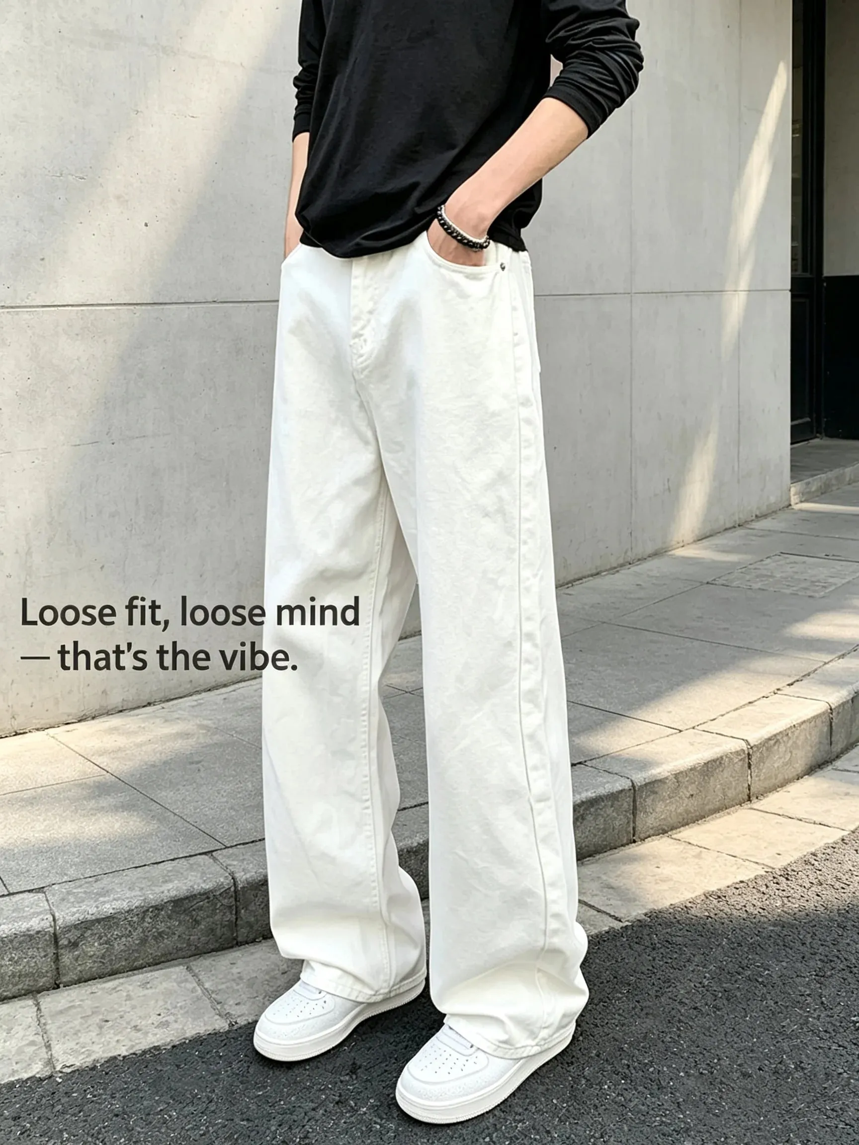 Baggy-Jeans für Herren, Retro-Stil, einfarbig, weiß, locker, weites Bein, Denim-Hose, Herren, lässig, täglich, Streetwear, gewaschene Herren-Jeanshose — image 1