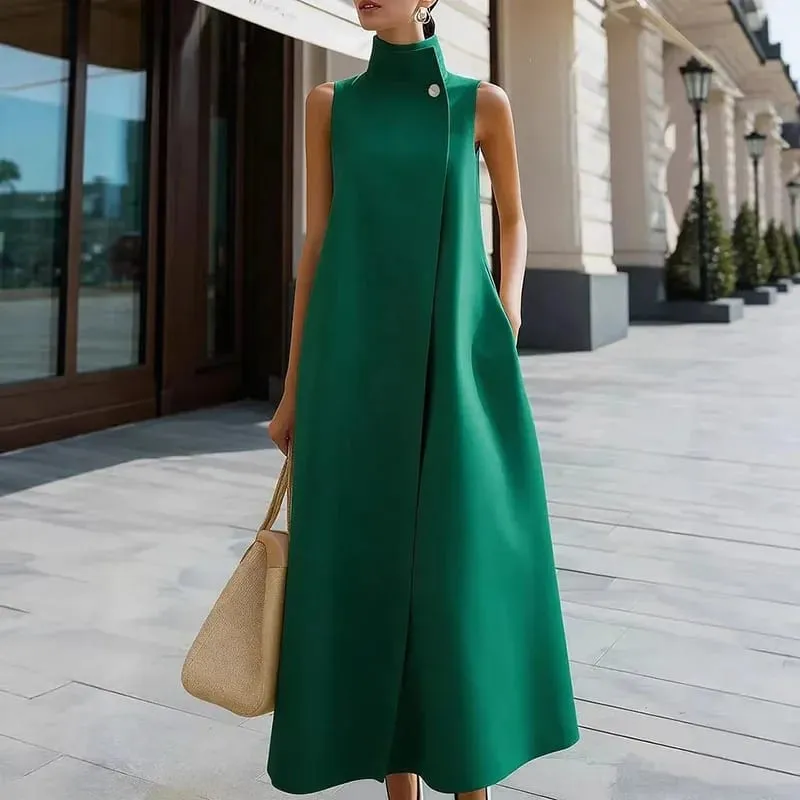 แฟชั่นที่เรียบง่ายปุ่มคอสูงชุด Maxi ผู้หญิงฤดูใบไม้ผลิกระเป๋า A-Line ชุดยาวฤดูร้อนแขนกุดชุดโบฮีเมียน — image 5