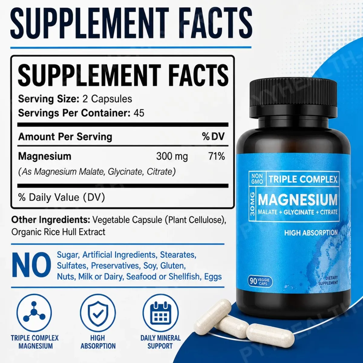 Triple Magnesium Complex 300mg Malate Glycinate Citrate High Absorption Daily Mineral Supplement Vegan Non GMO 90 Veggie Caps — image 2