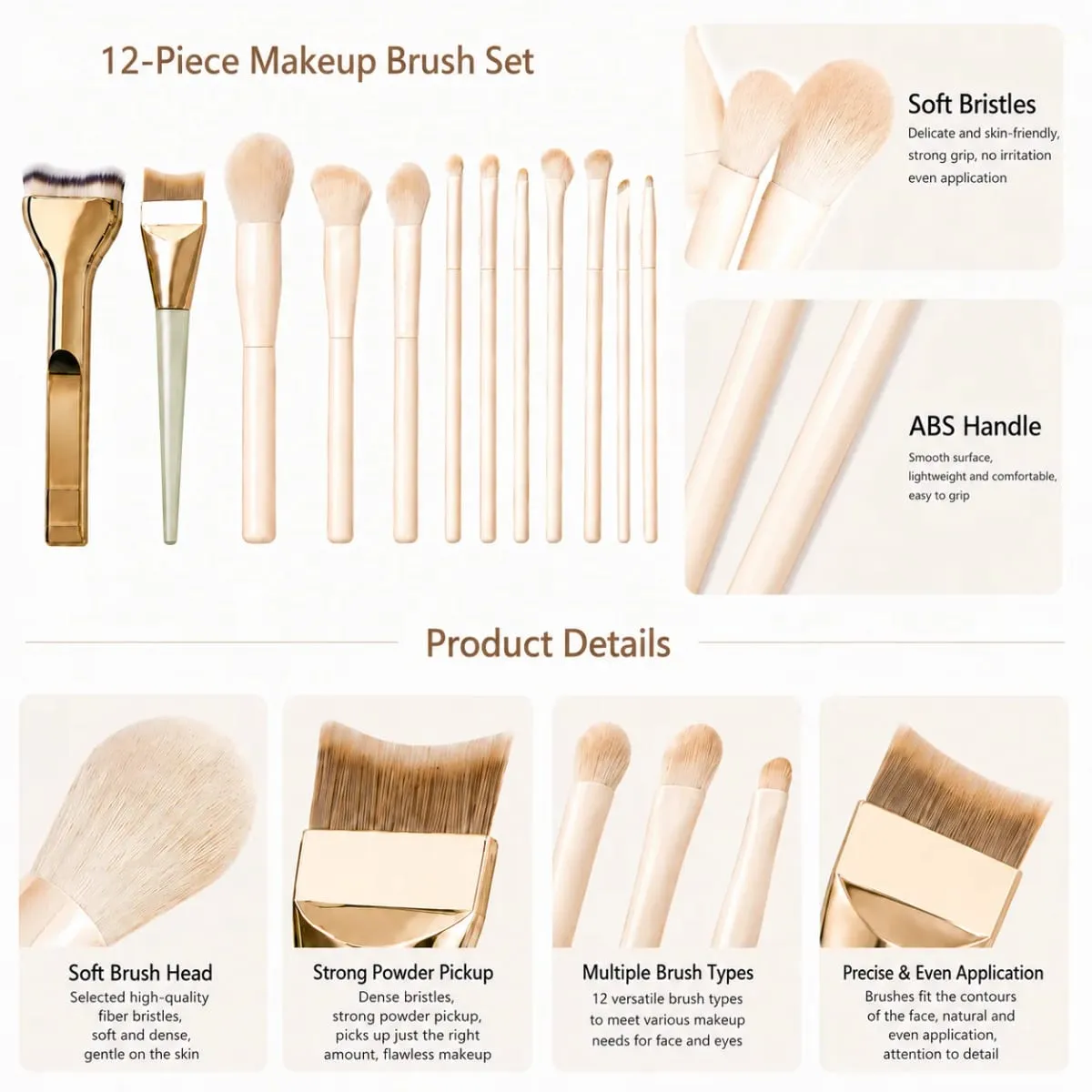 Professionelt 12 STK Makeup børstesæt med Foundation Brush Powder Brush Øjenskyggebørster til ansigts- og øjenmakeup — image 6