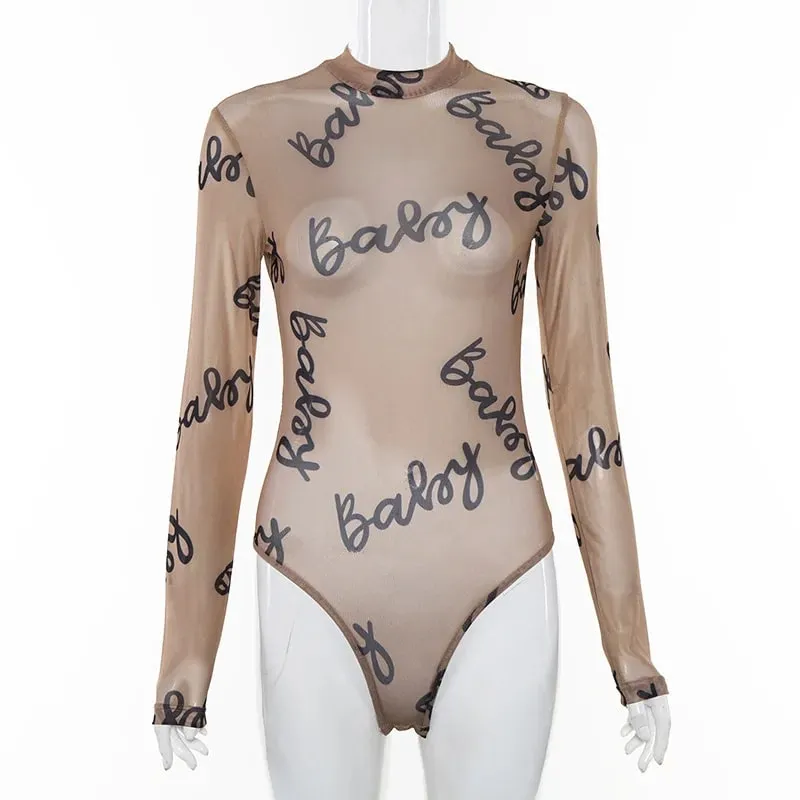 2025 Summer Sexy Letter Print Transparent Mesh Bodysuits Langærmede Se Gennem Baby Bodycon Rompers Dame Jumpsuits — image 5