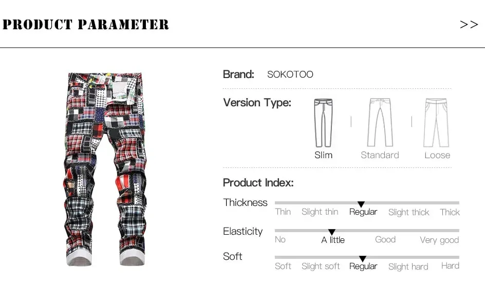Jeans da uomo con stampa digitale scozzese Toppe alla moda Pantaloni in denim elasticizzato patchwork Pantaloni dritti slim — image 7