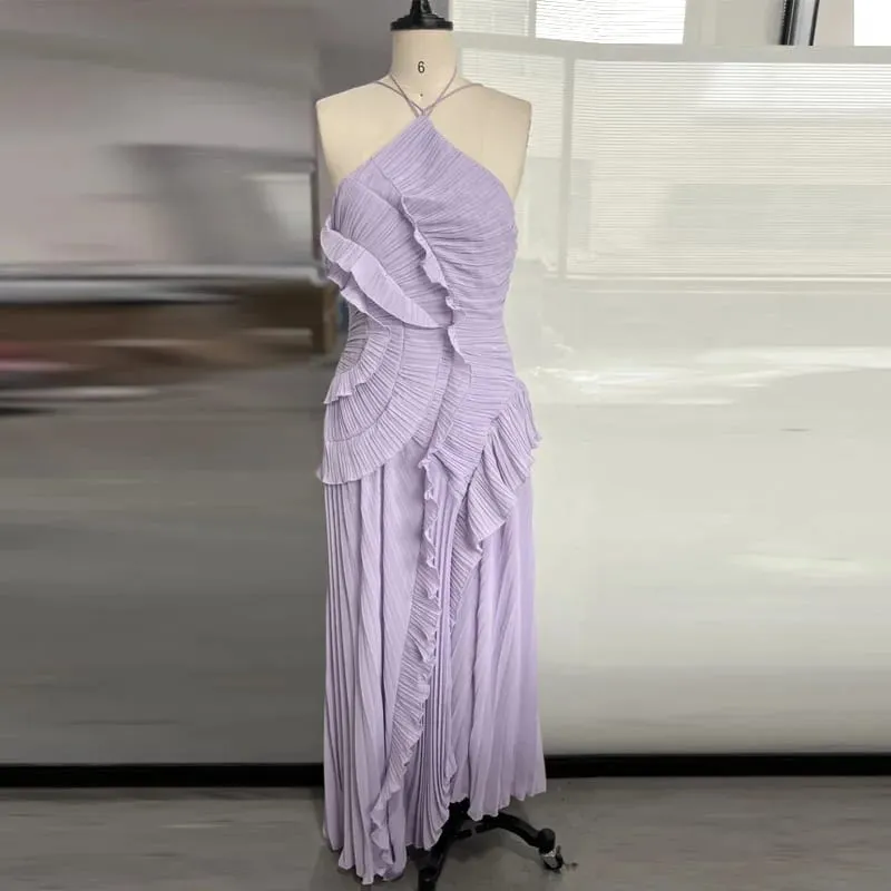 Elegantสายคล้องคอRufflesชุดราตรีของแข็งพับสายลูกไม้ขึ้นBacklessชุดพรรคเซ็กซี่ 2025 ใหม่ปาร์ตี้วันหยุดy2k Robe