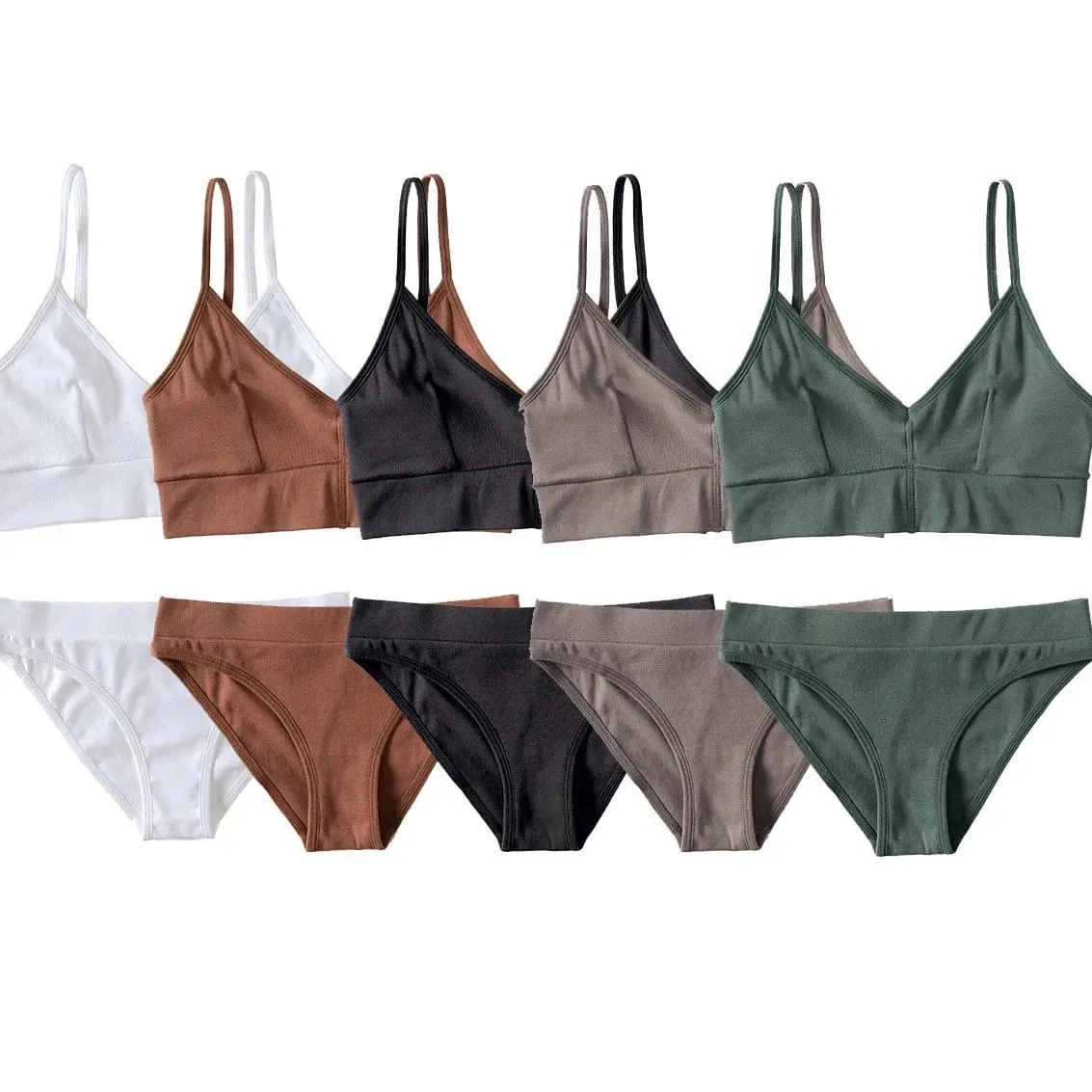 Ensemble Bralette sans fil côtelé de couleur unie, soutien-gorge Camisole à fines bretelles avec slip Triangle, Lingerie pour femmes — image 5