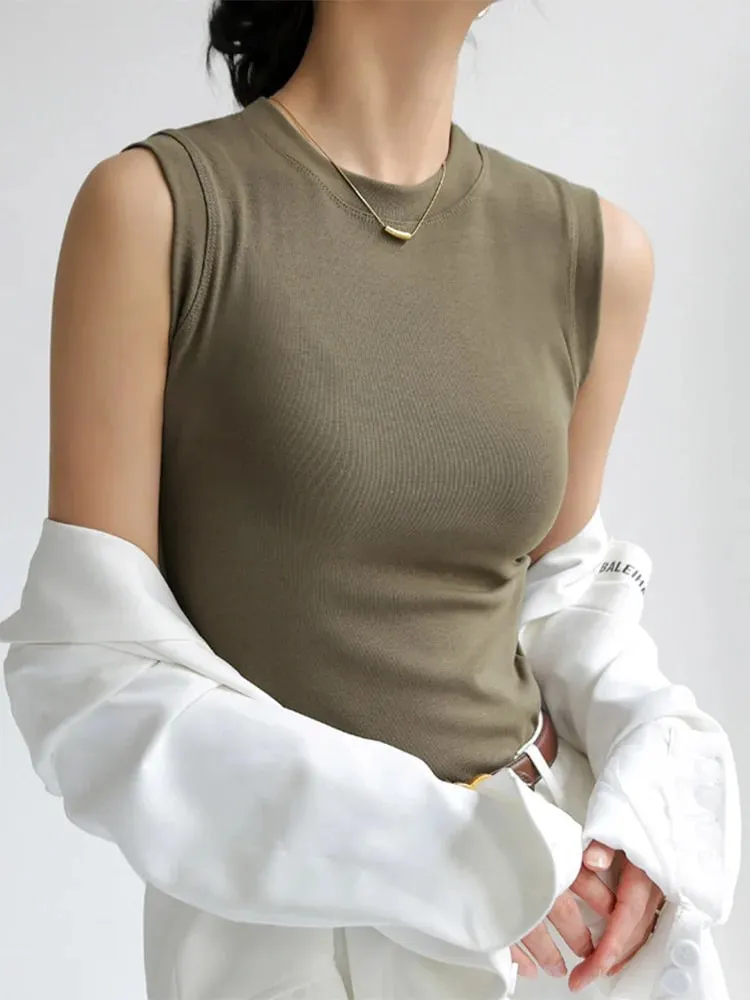 Kamisol Vest untuk Wanita Kapas Leher Bulat Berwarna-warni Asas Berbaju Dalam Tanpa Lengan Atasan Tee dengan Liputan untuk Belahan Sisi — image 9