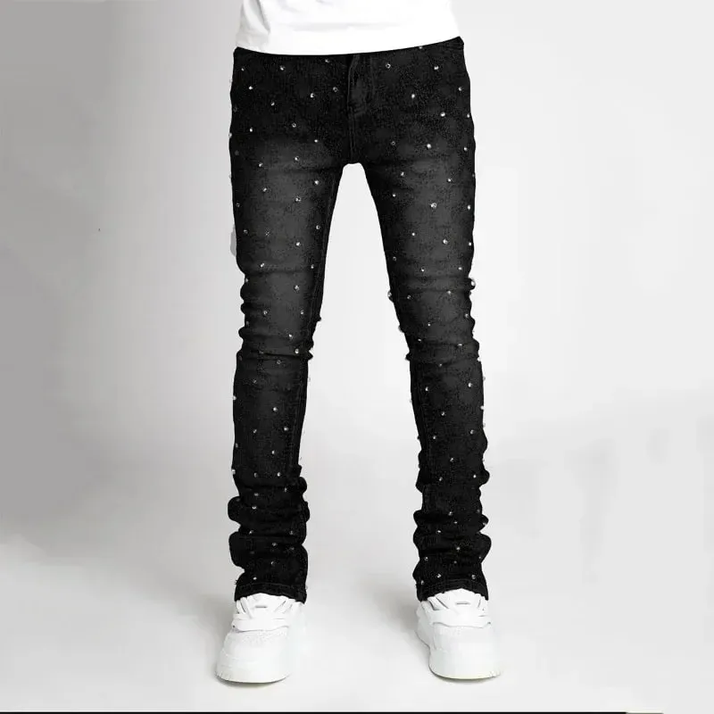 Personality Stacked Jeans for Men Slim Fit Stretchy Pearls Denim Laminated Pants for Men Fashion Straight Man's New Jeans