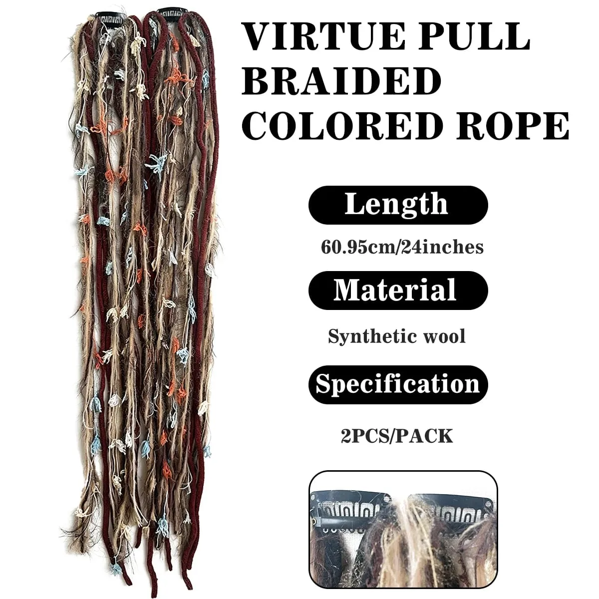 Sintetico 2 pezzi filato di lana Dreadlock clip estensioni dei capelli Maillard lungo Boho nappa colorata trecce vintage capelli per donna — image 3