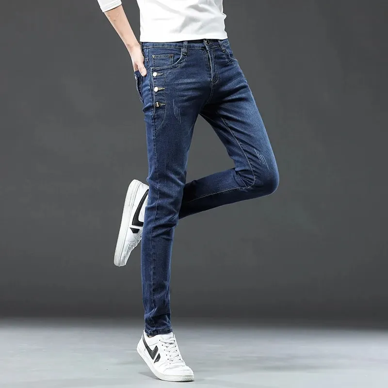 Nye mænd slanke, koreanske knap jeans, sorte skinny ensfarvede strækbare multi-knap, unge mandlige denimbukser Streetwear — image 10