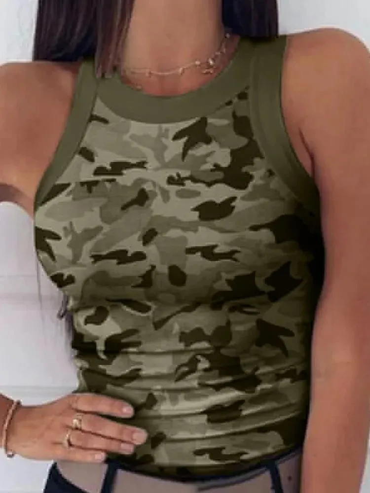 Damski Casual Camo wokół szyi prążkowany podkoszulek lato podstawowe elastyczna koszulka na ramiączkach seksowna bez rękawów kamizelka z wycięciem pod szyją odzież damska — image 2